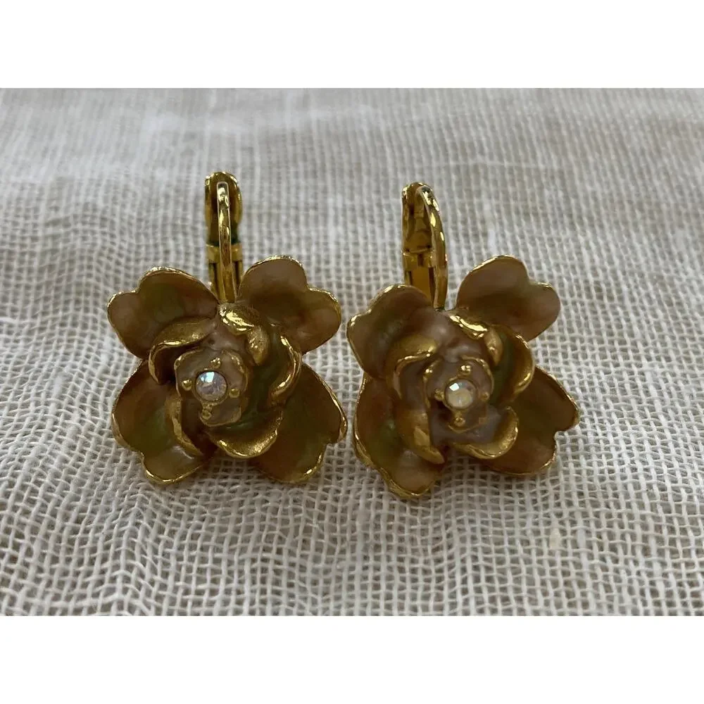 Joan Rivers Earrings Gold Tone Pastel Enamel Flower Dangle Drop Vintage‎ Y2K